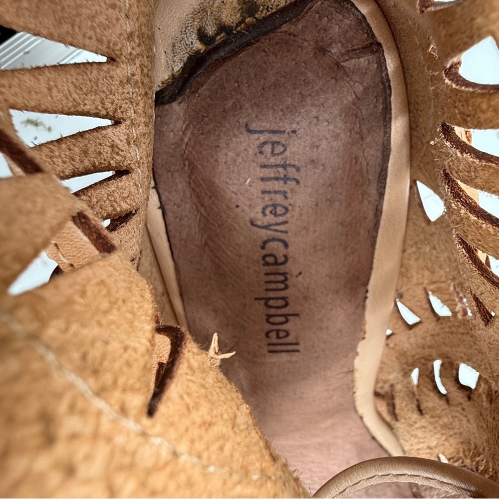 Jeffrey Campbell Tan Radillo-Hi Laser Cut Lace-Up Wedge Sandals Size 8.5 Women’s - Picture 8 of 11